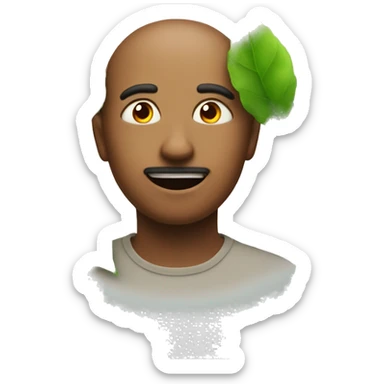 A relaxed emoji face with reddish eyes. And with small dust clouds and green leafs around him sticker
