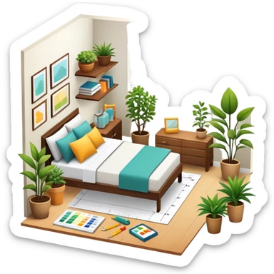 Icon for Interior Design: a modern room layout with furniture, plants, and decor items, with a color palette and design tools like a ruler and measuring tape. The icon should represent creativity, space planning, and aesthetic design. Transparent background. sticker