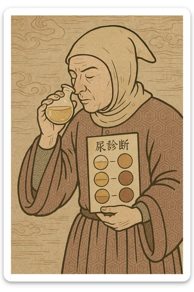 A medieval doctor carrying out a urine sample with a urine sample chart and smelling the urine sticker