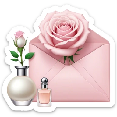 white rose next to a pearl-colored envelope and a flacon of aesthetically pleasing perfume in powder pink  sticker