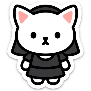 white baby cat wearing a black mini dress and black veil icon sticker