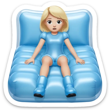 chica rubia con cara de miedo con unas botas de presoterapia gigantes inflables tirada en una cama sticker