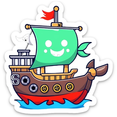 A cartoon toy pirate ship with a friendly face and tiny cannons sticker