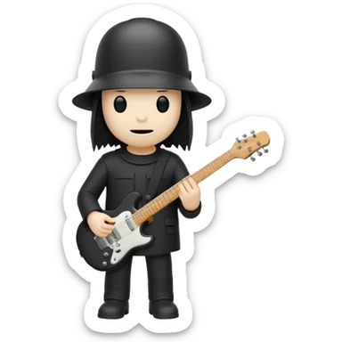 Minimalist chibi emoji of Buckethead: tiny body, oversized bucket helmet, simple black clothes, holding a guitar, spooky-cool but adorable sticker