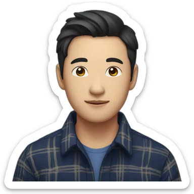 A asian young man with no beard,  short black hair, exuding confidence, clad in a navy blue checked flannel shirt. sticker