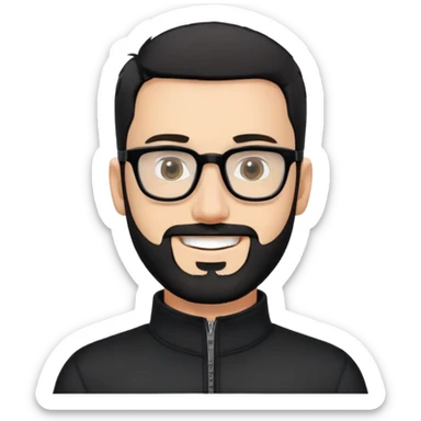 Fair-skinned man with very short buzzed black hair, short distinctly salt and pepper beard, large black-framed glasses, smiling, wearing black long sleeve quarter-zip shirt with visible zipper at collar sticker