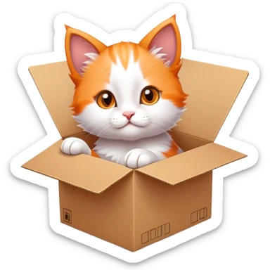  A very cute young kitten cat with one's head tilted to one side poked its paws out of the cardboard big box and placed them on top of it sticker