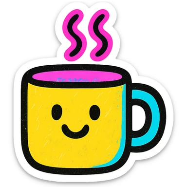 steaming mug with smiley face, cozy cute, icon style, gentle color scheme, rounded edges sticker