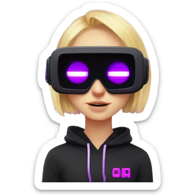 Russian cute blond student girl wearing black hoody with violet letters "OMG", in vr headset. No eyes. Cyberpunk style. Violet neon. sticker
