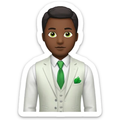 businessman, black skin, white suit vest, green tie sticker