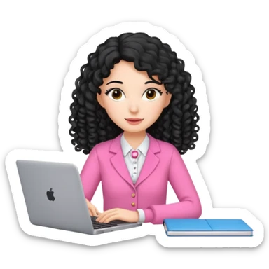 pretty brunnet teacher woman with pink clothes and long mid length black curly hair with laptop  sticker