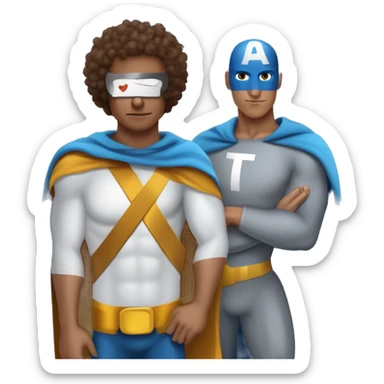 curly brown hair man and pigeon man with letter 'T' on the chest crossover as superhero. superpower = design sticker