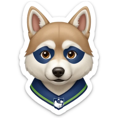 White  brown husky with Seattle Seahawks gear sticker