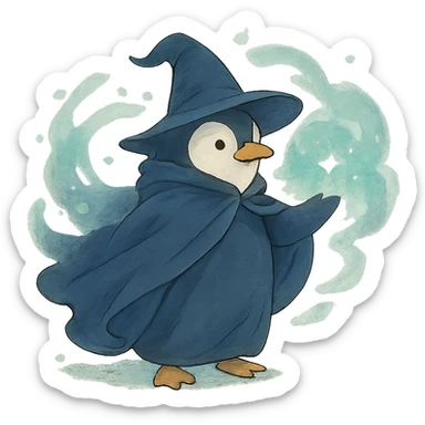 ghibli style penguin wizard with flowing cloak and magical aura sticker