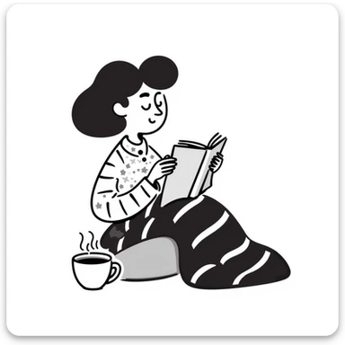 A cozy self-care illustration featuring a person reading a book, wrapped in a blanket, with a cup of tea nearby sticker