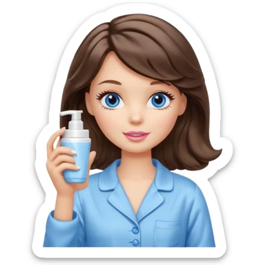 Barbie girl with makeup, blue eyes , and bob long haircut wavy, short brown hair in creamy color pajamas, face cream in hand sticker