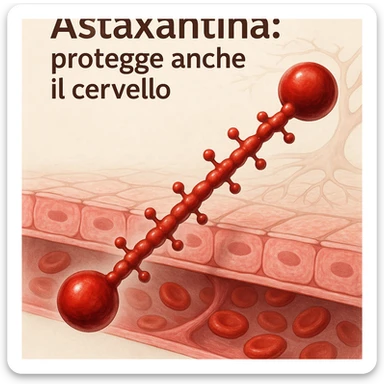 hyper realistic red astaxanthin molecule crossing a stylized representation of the blood-brain barrier, scientific atmosphere, light background, with Italian text 'Astaxantina: protegge anche il cervello' sticker