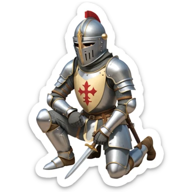 A lone medieval knight in plate, worn armor kneels. His helmet is closed, hiding his face, conveying silence, exhaustion and contemplation. A long sword is planted in the ground beside him, its hilt resting near his gloved hands as if he is praying or resting after battle. sticker