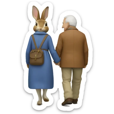 Peter rabbit from the back walk holding hands with an older woman with brown hair  sticker