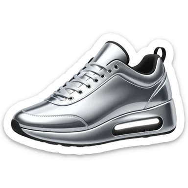 A pair of futuristic sneakers emoji made of silver chrome, sleek streetwear design, smooth metallic panels, subtle reflections, luxury swag aesthetic, iOS emoji style, centered, clean white background sticker