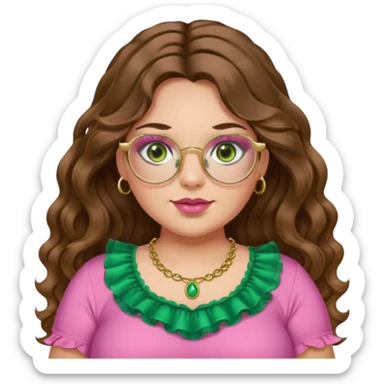 Girl long wavy brown hair with middle part. green gold eyes, plus size, pink frilly top,  gold nose ring. Gold rimmed glasses. Long eyelashes. sticker
