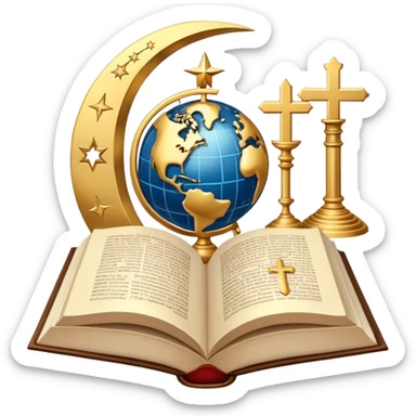 An icon featuring religious symbols like a cross, crescent moon, and star, alongside an open book, symbolizing the study of religion. The design includes a globe and a temple in the background, representing global faith traditions and spiritual exploration. Transparent background sticker