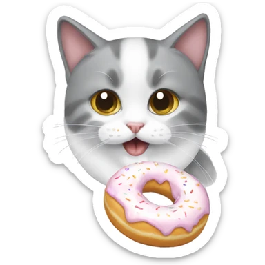 grey-white cat eats white donut sticker