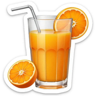 A glas of orange juice. Without a straw. With a slice of orange next to it on the bottom sticker