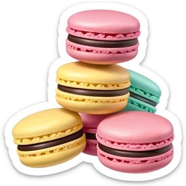 Cinematic Realistic Macaroon Dessert Emoji, showcasing colorful, delicate meringue-based cookies with a crisp exterior rendered with vibrant textures and playful, soft lighting. sticker