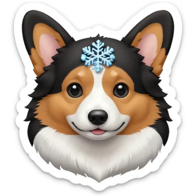 black tricolor corgi with no tail and a snowflake on it's nose sticker