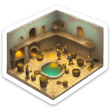 open floor plan of a medieval mint showing different people working, one person on the furnace, some people molding liquid gold into coins sticker