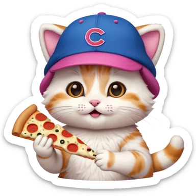 Kitty with cubs hat on with pizza sticker