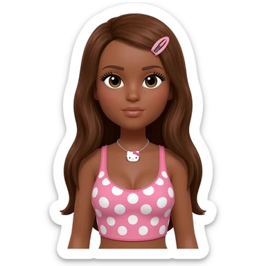 doll eyes with long lashes, dark brown skin, long brown hair, big chest, hello kitty necklace, one bow clip, pink and white polkadot tops sticker