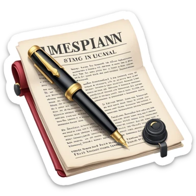 Create an emoji representing journalism and publicistic writing. The design should feature an open newspaper or a stack of articles with visible text columns, symbolizing opinion pieces and analysis. A classic fountain pen or ballpoint pen should be placed near the papers, indicating the act of writing. Optionally, include a small microphone or a press badge to emphasize investigative and journalistic aspects. Use neutral and professional colors like black, white, and muted blue or red. Do not include any emojis or smiley faces. Make the background transparent. sticker