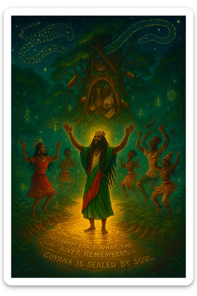 A vivid, spiritual illustration of Guyana reborn as a land of divine rhythm, ancestral return, and natural royalty. In the heart of the image flows the mighty Essequibo River, glowing with golden energy — a symbol of memory, healing, and spiritual current. Surrounding the river are lush, enchanted rainforests pulsing with hidden drums, glowing symbols, and jungle spirits made of light.

At the center, a crowned I-tal figure (part Rasta, part ancestral guardian) stands barefoot in the river, arms raised, channeling the rhythm of the land into the sky. Around them: a ring of spirit dancers echoing maroon heritage, Amerindian wisdom, and African soulfire — dressed in ceremonial garb, dancing in sync with the heartbeat of the earth.

Above, the stars form the shape of a jaguar and a giant serpent intertwined — the twin protectors of Guyana. Behind them, a mighty temple-tree rises from the jungle canopy, its branches holding sacred items: a calabash, a broken colonial chain, a conch shell, and a scroll titled “Undivided.”

Sacred text etched into the riverbank reads: “You cannot erase what the river remembers — Guyana is sealed by soul.”

The colors should reflect spiritual awakening: deep emerald, fire-gold, sunrise orange, and night-sky indigo. Mist, ancestral drums, and glowing Rasta flags should blend into the atmosphere — making this a vision of both resistance and rebirth. sticker