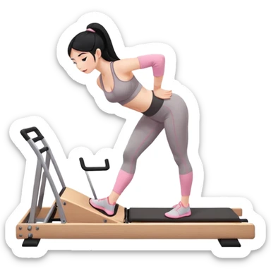 Create a Pilates emoji: a girl with fair skin and black hair, wearing a grey bra and grey leggings with pink pilates socks, on all fours on a wooden reformer. Make it look at the reformer. Make the colors neutrals. sticker