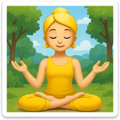 Add a peaceful nature background with trees and sky behind the meditating emoji, keep the classic emoji style sticker