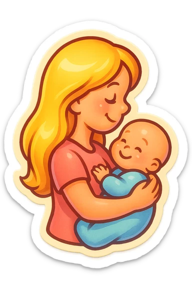 cute girl with long blonde hair holding a baby in her arms, smiling, side view, close-up, retro stickers style, thin clean outlines, soft rounded shapes, pastel palette, retro sticker aesthetic, detailed shadows and highlights, soft lighting sticker