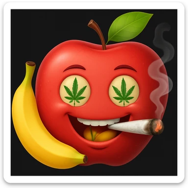 Add a cartoon joint with smoke to the smiley face made of apples as eyes and a banana as the mouth. Make it look like the face is smoking weed, keep the emoji style. sticker