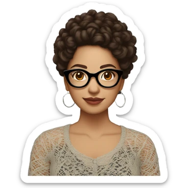 Hispanic woman with black glasses, long brown curly hair over the shoulder, holding yarn wearing a black lace shirt sticker