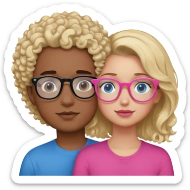 intimate moment between lovers, boy with blonde hair black glasses and blue eyes and a black shirt, Girl with a mixed skin tone, dark brown curly hair, pink glasses, and a pink shirt sticker