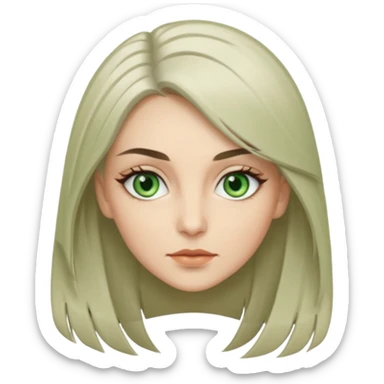 женщина с зелёными глазами, красивыми бровями, серо-бежевыми длинными волосами, с асимметричным пробором чёлкой, подстриженной каскадом, анфас  sticker