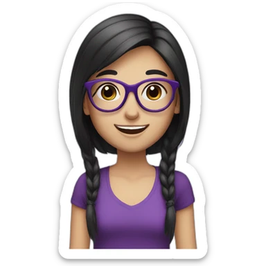 Withe Girl with Black long hair and purple glasses, smile, black eyes, sticker