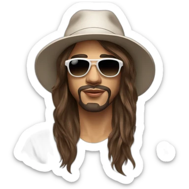 The french singer Lorenzo with this style : long brown hair white and short bucket hat and sunglasses sticker