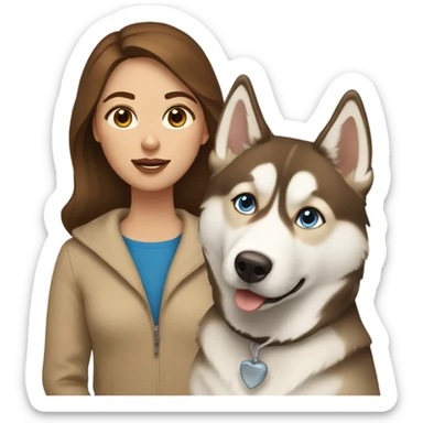Woman brown hair blue eyes with Husky beige golden sticker