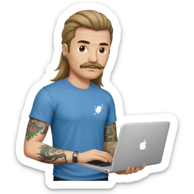 A DEVELOPER WITH A laptop, USING t-shirt, long hair,mullets style, mustache, tattoo, piercing sticker