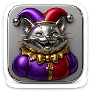 crazy colorful cute little cat jolly joker from poker, medieval, vintage, court jester, mac os icon, purple, gold and red color, half body. Squared shape as 3D mac os icon sticker