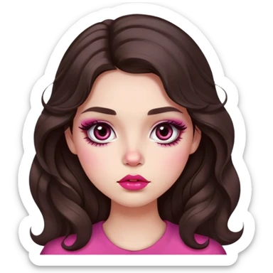 girl with light wheatish skin, dark brown long wavy hair, pouty shiny lips with berry lip gloss, large eyes with eyelashes, pink blush on cheeks, inner eye highlighted with white eyeliner, button nose sticker