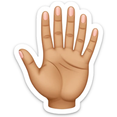 A front-facing emoji-style hand showing exactly four fingers raised (index, middle, ring, pinky) with the thumb completely folded down across the palm. The thumb must be tucked tightly against the palm. sticker