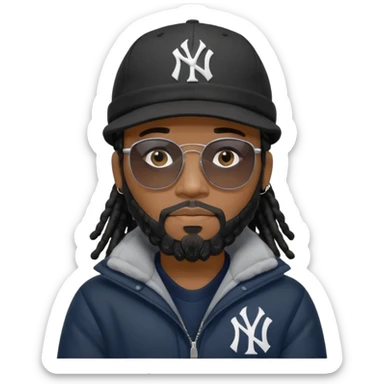 African American man with shoulder length black dreadlocks and black beard wearing black sunglasses with a New York Yankees baseball cap wearing a black bubble winter coat with arms folded sticker